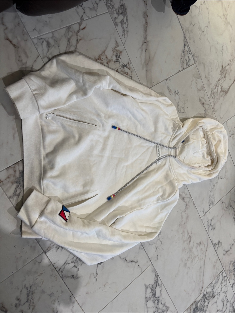 Louis Vuitton Off-White Zip-Up Hooded Sweatshirt with Multicolor Drawstring Tips